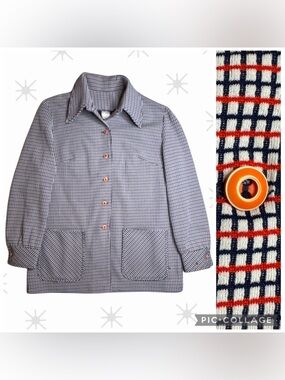 1960s-70s Vintage Women’s Check Button-Up Jacket in Red, Navy, White Sz 18